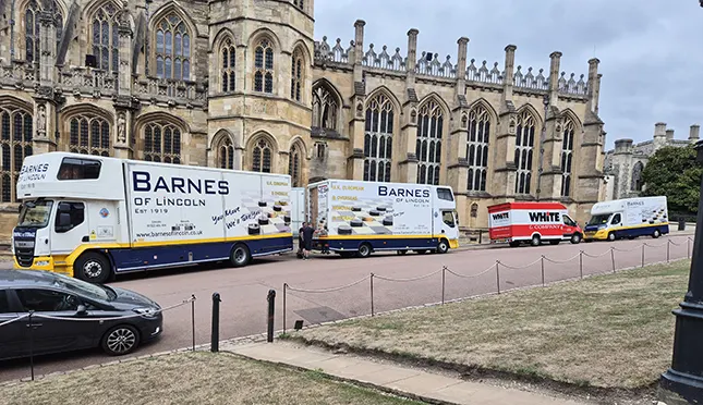 Four vehicles, one Wednesday: a tightly timed delivery window inside the Horseshoe Cloisters.